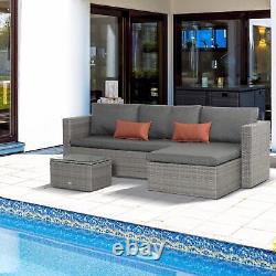 3 Pieces Outdoor PE Rattan Corner Sofa Set With Cushions Garden Lounge Furniture