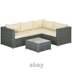 3Pcs Rattan Corner Sofa Set Coffee Table Garden Furniture with Cushion