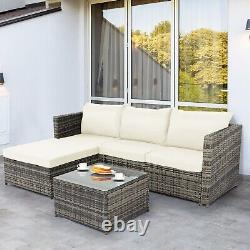 3Pcs Rattan Corner Sofa Set Coffee Table Garden Furniture with Cushion L-SHAPE