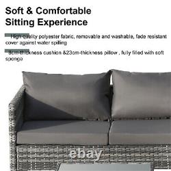 4Pcs Patio Rattan Corner Sofa Garden Furniture Set with Table and Grey Cushions