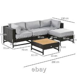 5 PCS Rattan Corner Sofa, Rattan Garden Furniture Wood Grain Plastic Top Table