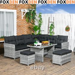 5 PCs Rattan Garden Furniture Set Corner Sofa Set with Stools Table Cushion Grey