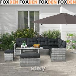 5 PCs Rattan Garden Furniture Set Corner Sofa Set with Stools Table Cushion Grey