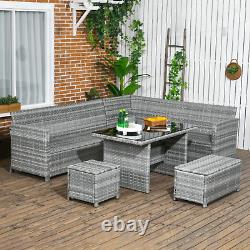 5 PCs Rattan Garden Furniture Set Corner Sofa Set with Stools Table Cushion Grey