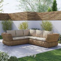 5 Seater Neutral Rattan Curved Corner Sofa Set with Beige Cushions FTR201