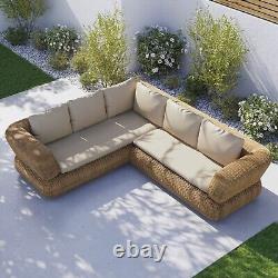 5 Seater Neutral Rattan Curved Corner Sofa Set with Beige Cushions FTR201