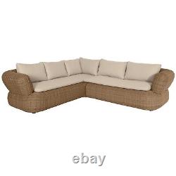 5 Seater Neutral Rattan Curved Corner Sofa Set with Beige Cushions FTR201