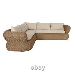 5 Seater Neutral Rattan Curved Corner Sofa Set with Beige Cushions FTR201