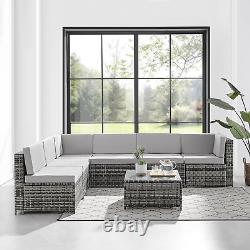 6-Seater Rattan Garden Corner Sofa Set with Grey Cushions & Coffee Table