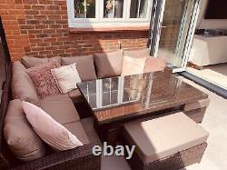 Brown Rattan Corner Sofa with Rising Table Garden Furniture Set