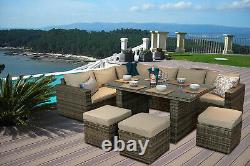 CasaRattan' Brown Rattan Corner Sofa Outdoor Garden Furniture Dining Table Set
