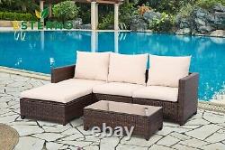 ECASA 3 Seater Rattan Garden Corner Sofa Furniture Set & Beige Cushions + Table
