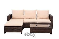 ECASA 3 Seater Rattan Garden Corner Sofa Furniture Set & Beige Cushions + Table