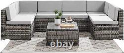 ECASA Rattan Garden U Shape Corner Sofa Set Light Grey Cushions & Coffee Table