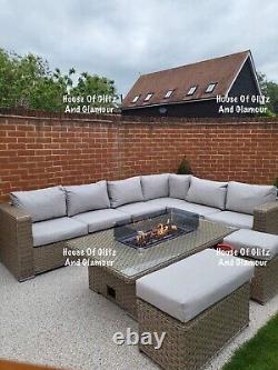 Garden Rattan Sofa Dining Corner Set +Fire Pit Table Natural Brand New (JAMAICA)