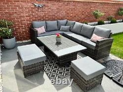 Grey Rattan Corner Sofa with Rising Table Garden Furniture Set