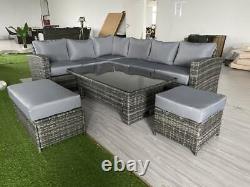Grey Rattan Corner Sofa with Rising Table Garden Furniture Set
