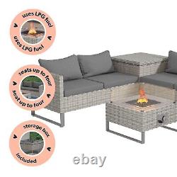 Grey Rattan Garden Corner Sofa Set 4 Seater with Storage and Fire Pit Table