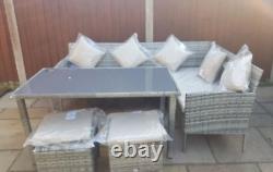 Grey Rattan Garden Furniture Patio Dining Glass Table Large Corner Sofa Seat Set