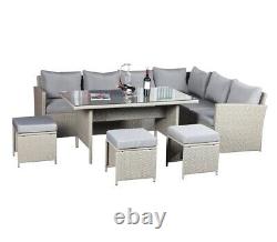 Knutsford Grey Rattan 9 Seater Corner Sofa With Dining table And Stools. Garden