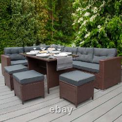 Rattan Corner Dining Set Outdoor Garden Furniture Brown 9-Seater L Shape Sofa