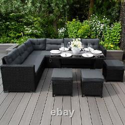 Rattan Corner Furniture Set Garden Black Sofa Stools Table Waterproof Cushions