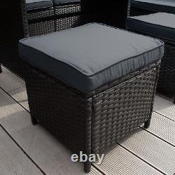 Rattan Corner Furniture Set Garden Black Sofa Stools Table Waterproof Cushions