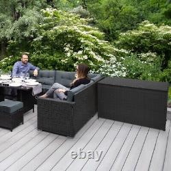 Rattan Corner Set & Garden Storage Box Black Large Cushion Chest 582L Outdoor