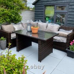 Rattan Corner Sofa Brown with Dining Table Garden Furniture Set