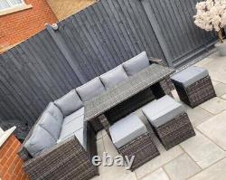 Rattan Corner Sofa Grey with Dining Table Garden Furniture Set