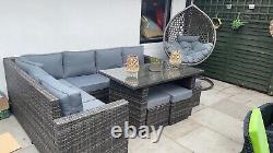Rattan Corner Sofa Grey with Dining Table Garden Furniture Set