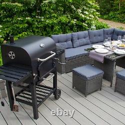 Rattan Garden Furniture Corner Set & XL BBQ Smoker Charcoal Grill Outdoor Patio
