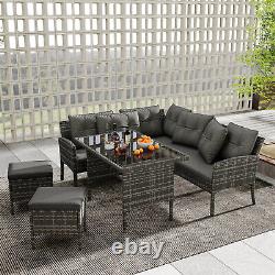 Rattan Garden Furniture Set 7 Seater Outdoor Corner Sofa Dining Table Stool Grey