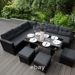 Rattan Garden Furniture Set Black Corner Sofa Stools Table Waterproof Cushions