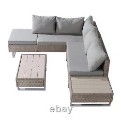 Rattan Garden Furniture Set Patio 6 Seater Corner Sofa with Table Cushions Khaki