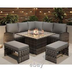 Rosen 9 Seater Fire Pit Rattan Garden Furniture Corner Sofa Cube Set 2 Benches