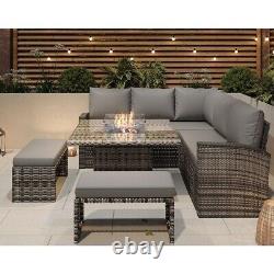 Rosen 9 Seater Fire Pit Rattan Garden Furniture Corner Sofa Cube Set 2 Benches