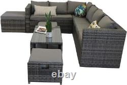 Vancouver 9 Seater Corner Rattan Garden Set In Grey With Fitting Cover